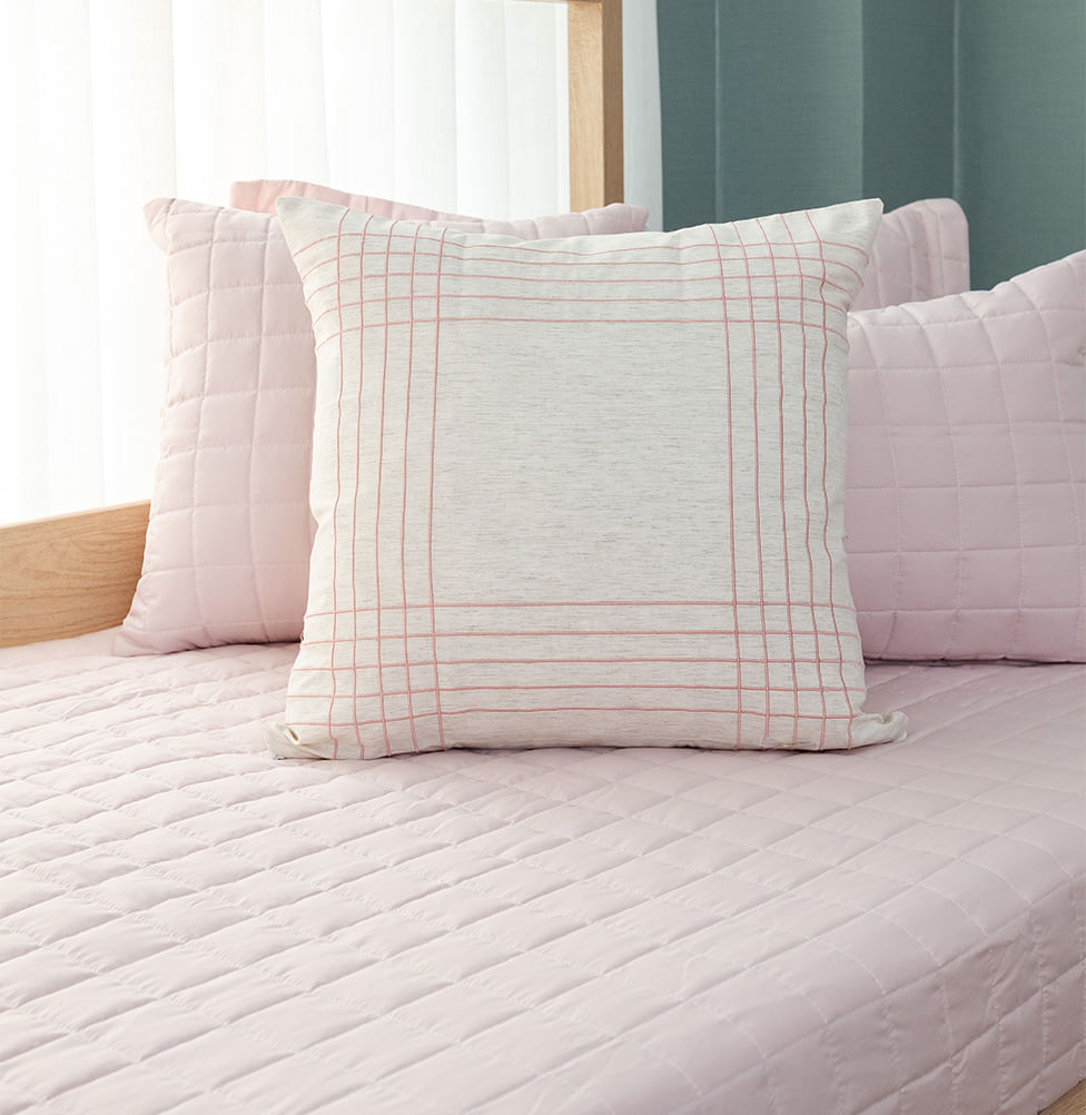 Capa de Almofada Linho Bordado Xadrez - Rosa Chá 50x50cm