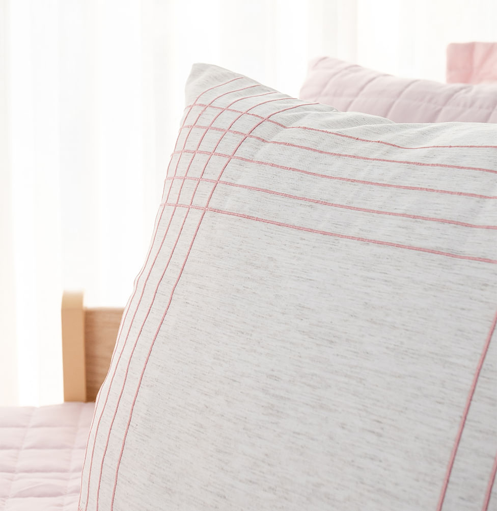 Capa de Almofada Linho Bordado Xadrez - Rosa Chá 50x50cm