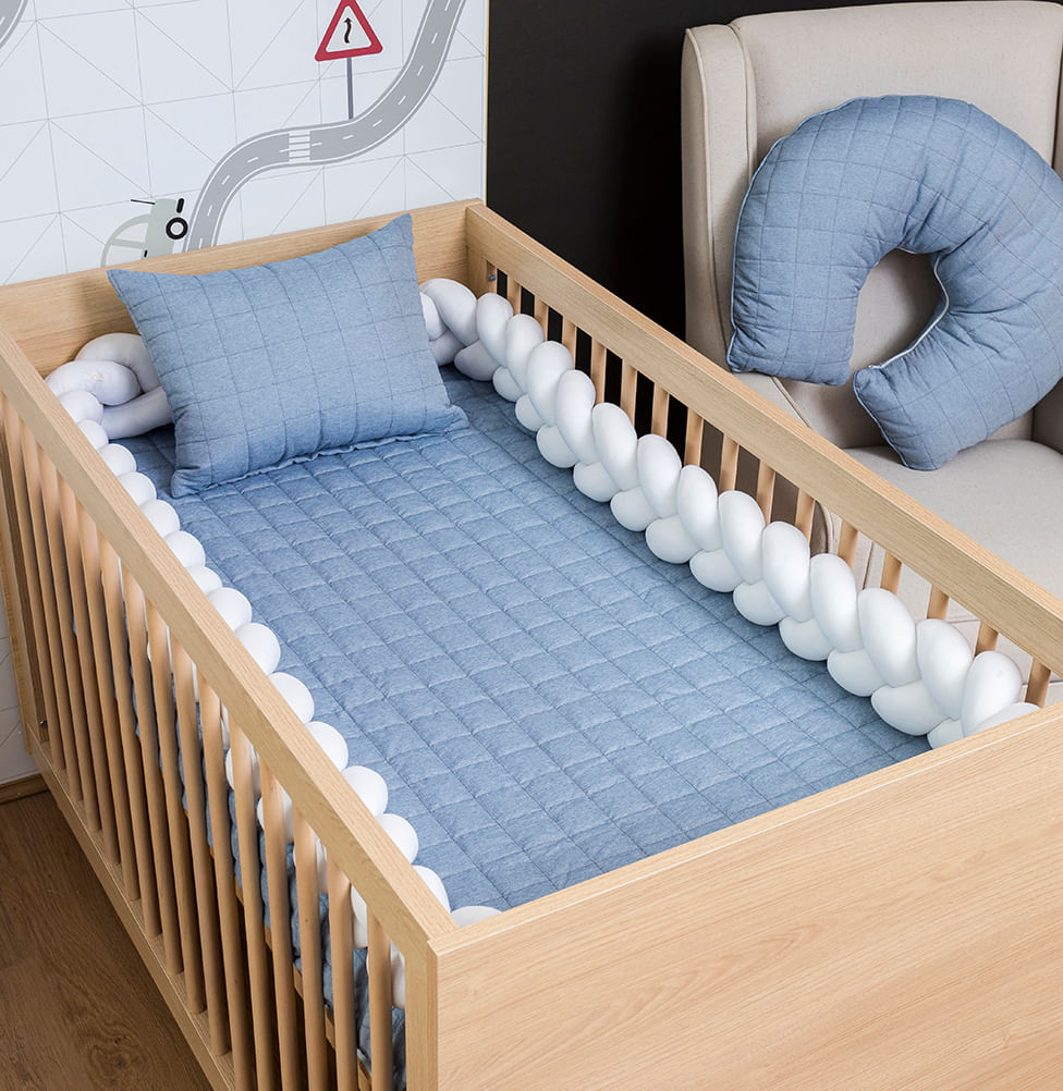 Colcha Com Elástico para Berço Chambre Quadradinho - Azul Mescla