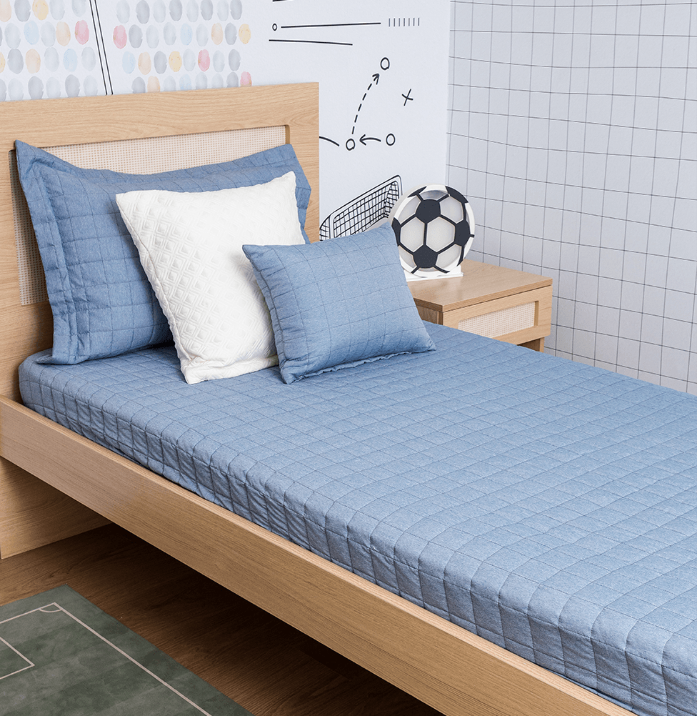 Colcha de Solteiro com Elástico Quadradinho Chambre - Azul Mescla