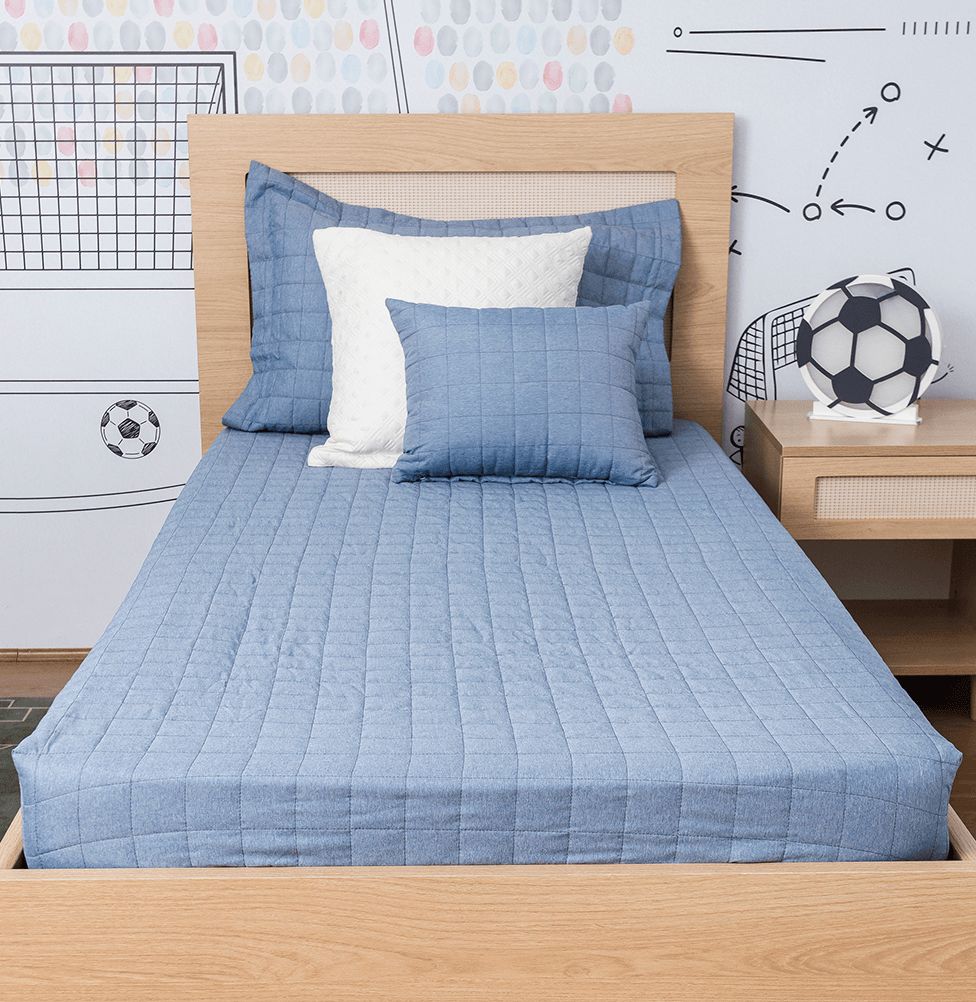 Colcha de Solteiro com Elástico Quadradinho Chambre - Azul Mescla