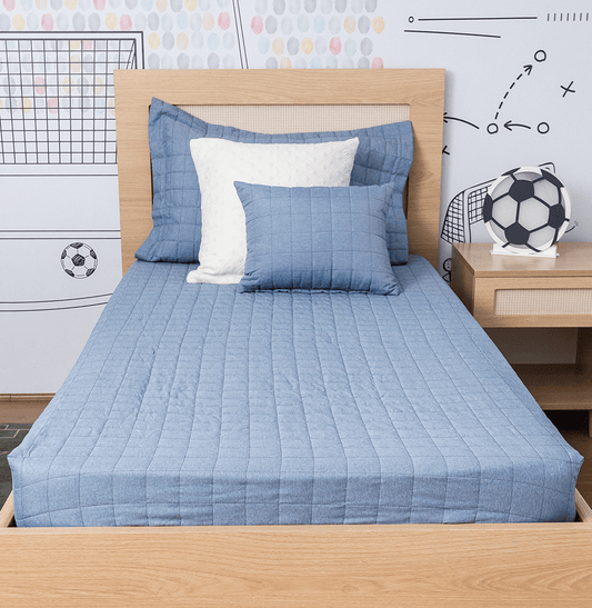 Colcha de Solteiro com Elástico Quadradinho Chambre - Azul Mescla
