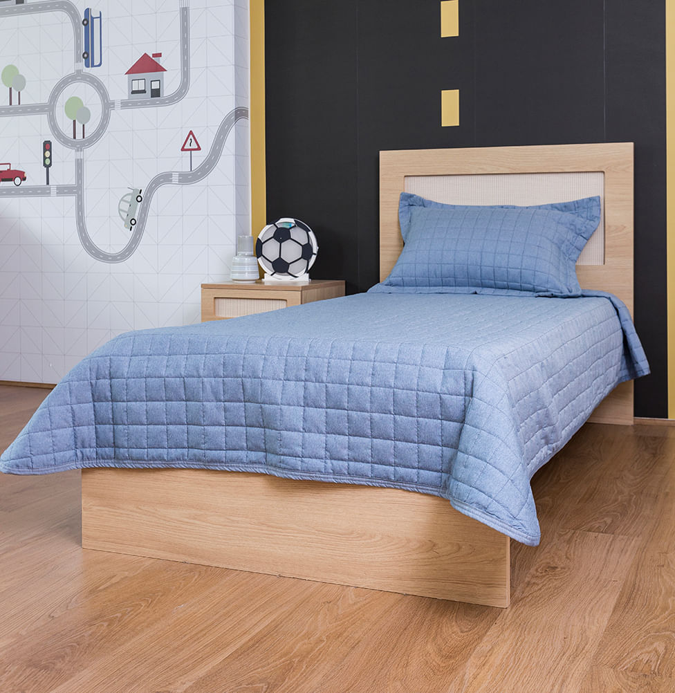 Kit Colcha Solteiro Quadradinho Chambre - Azul Mescla