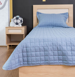 Kit Colcha Solteiro Quadradinho Chambre - Azul Mescla