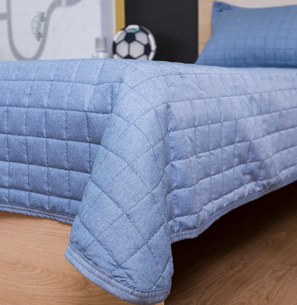 Kit Colcha Solteiro Quadradinho Chambre - Azul Mescla