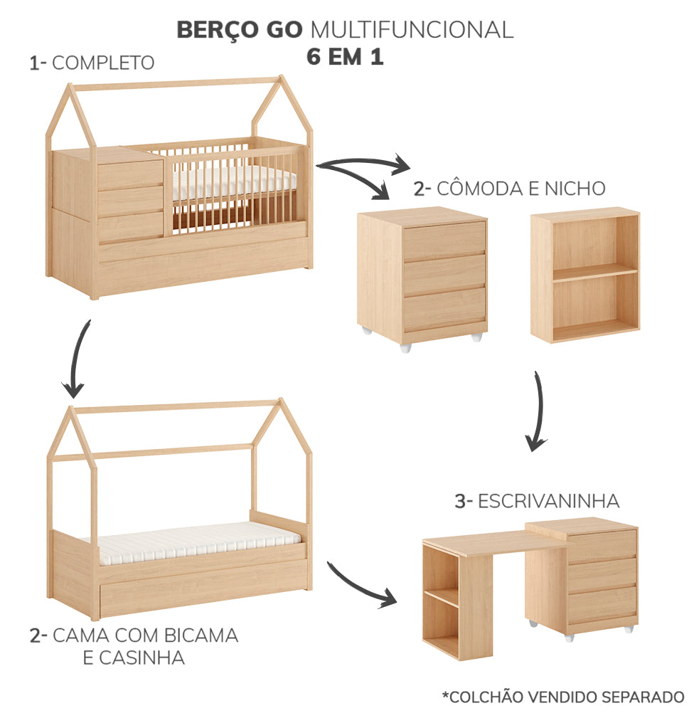 Berço Go Com Casinha Multifuncional 6 em 1 - Carvalho
