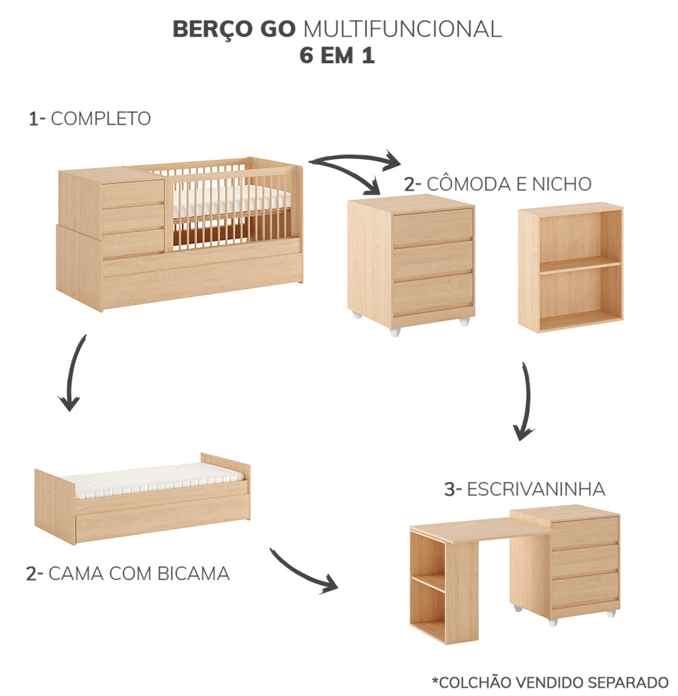 Berço Go Multifuncional 6 em 1 - Carvalho