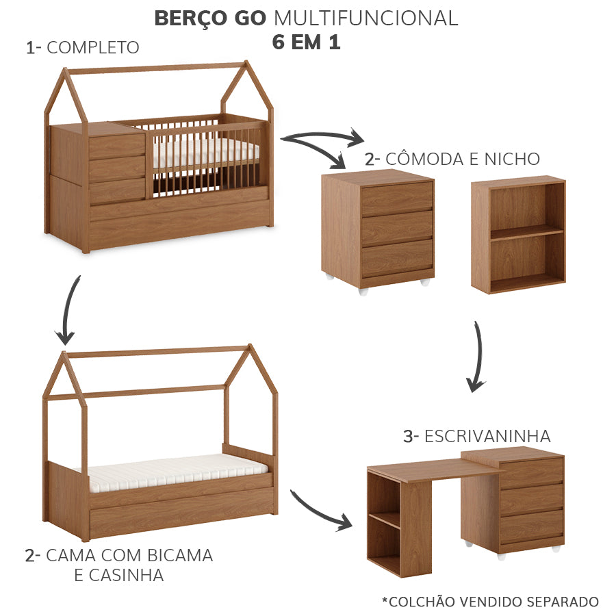 Berço Go Com Casinha Multifuncional 6 em 1 - Freijó