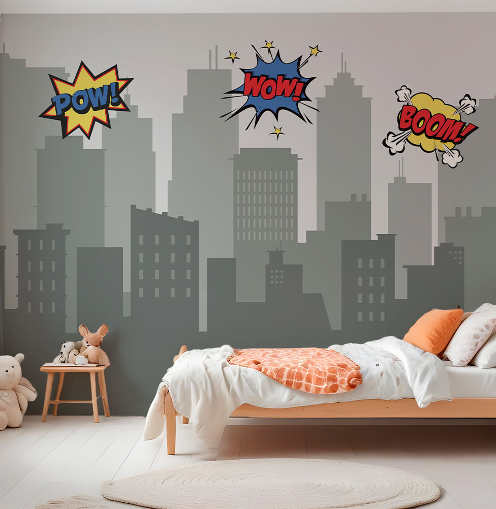 Papel de Parede Prédios Heróis Cinza - Mural