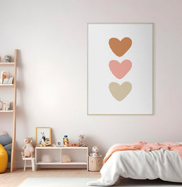 Quadro Infantil Trio de Corações Cobre, Rosa e Bege - Vertical