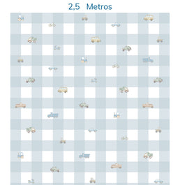 Papel de Parede Xadrez Com Carros Aquarela Azul - Mural