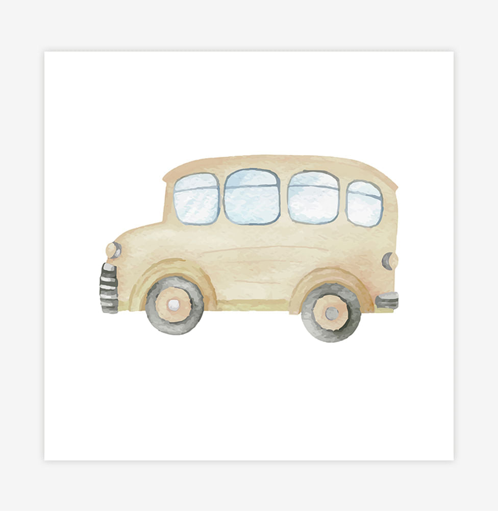 Quadro Infantil Ônibus Aquarela Amarelo - Quadrado