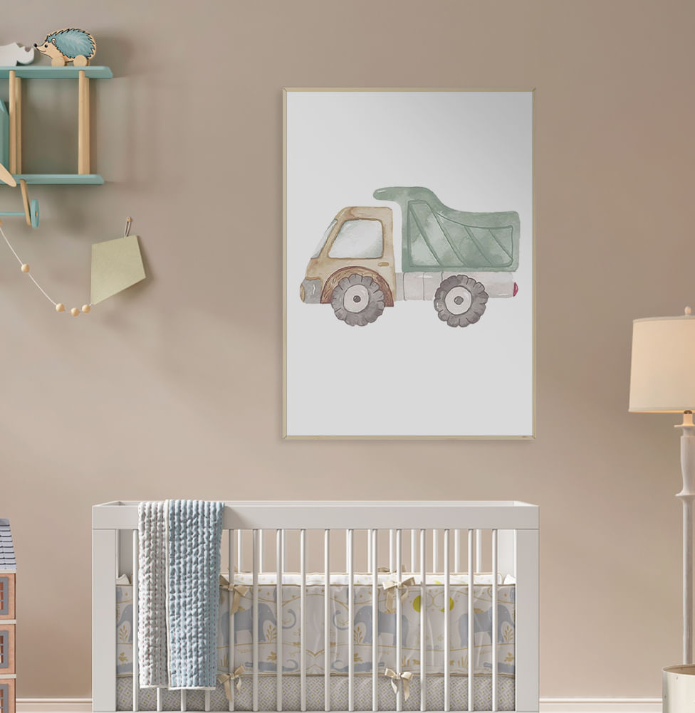 Quadro Infantil Caminhão Aquarela Verde Claro - Vertical