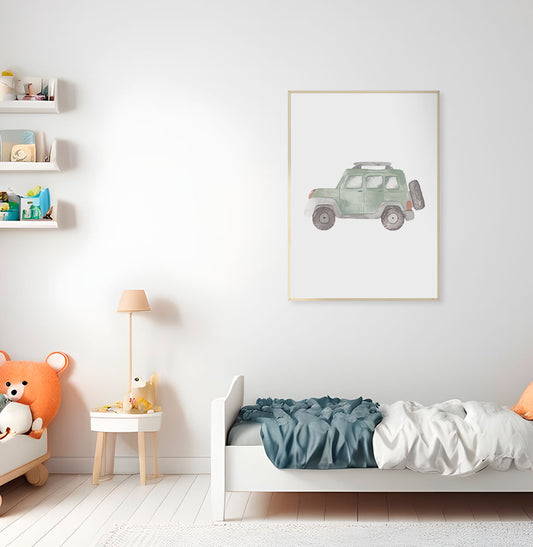 Quadro Infantil Jipe Aquarela Verde Claro - Vertical