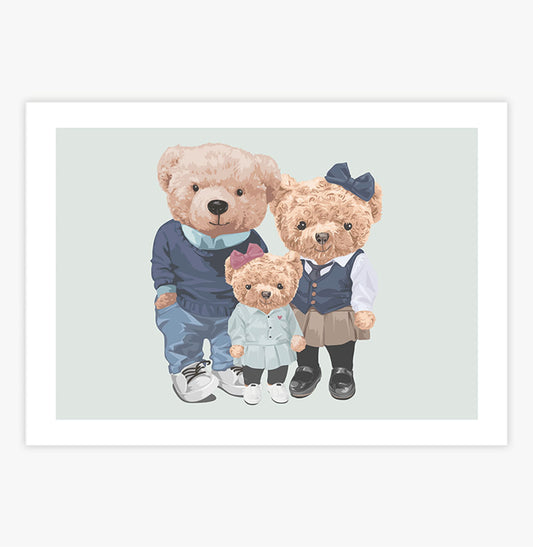 Quadro Infantil Família Urso Polo Menina Verde - Horizontal