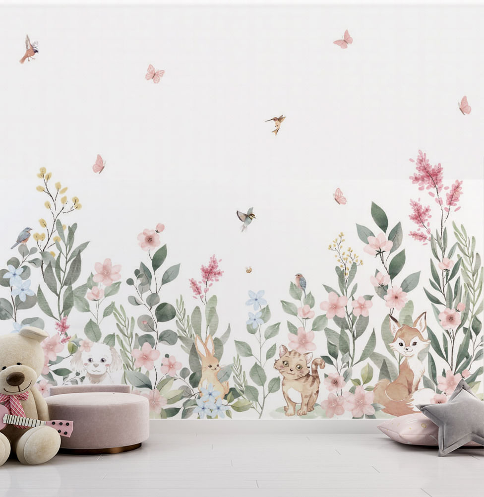 Papel de Parede Adesivo Infantil Jardim Mali Bichos Rosa Mural - 3m x 2,70m - Bota Fora