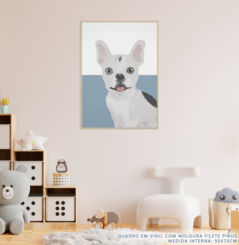Quadro Infantil Retangular Buldogue Branco - Vertical