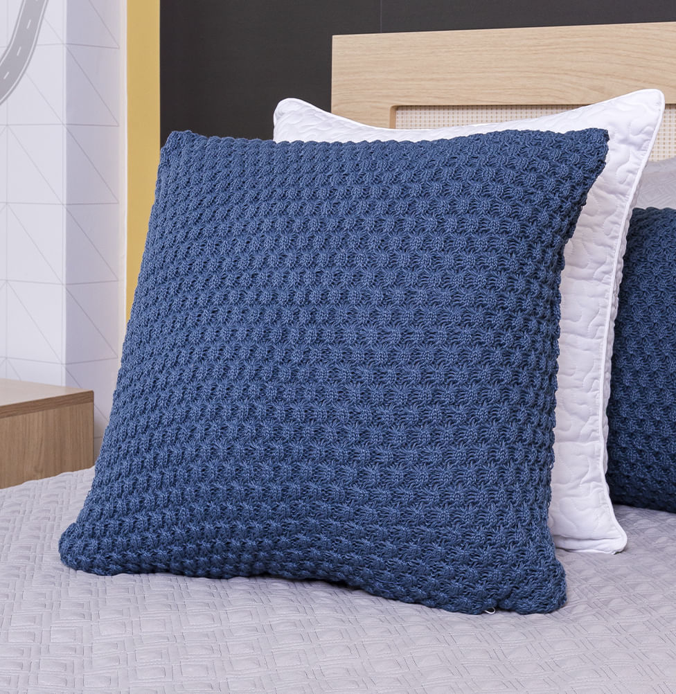 Capa de Almofada Tricot Colmeia 50cm x 50cm - Azul Jeans