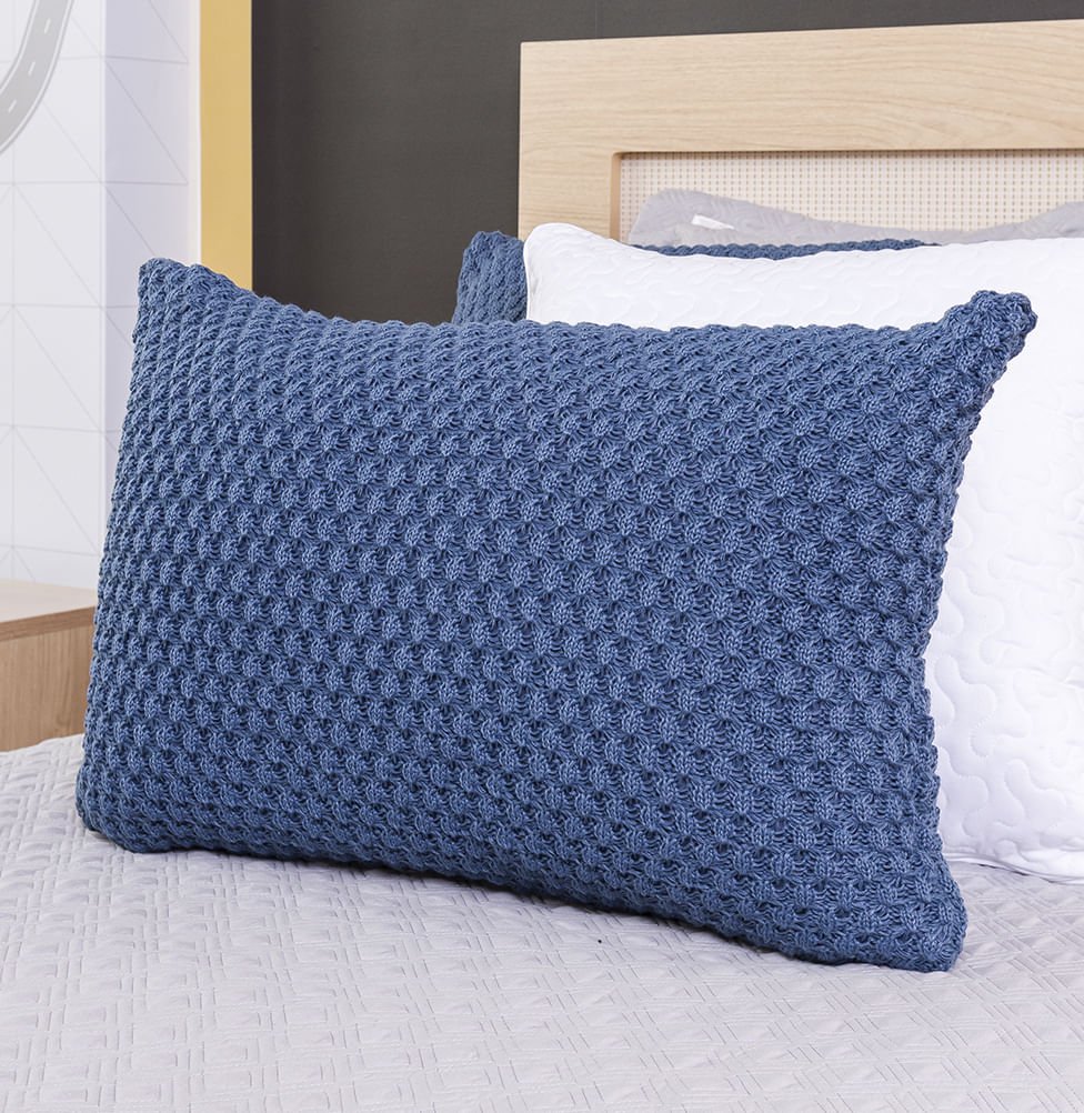 Capa de Almofada Tricot Colmeia 60cm x 40cm - Azul Jeans