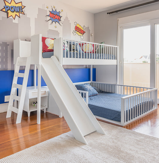 Beliche Infantil Montessoriana Com Cama de Casal E Escorregador Fazenda - Branco
