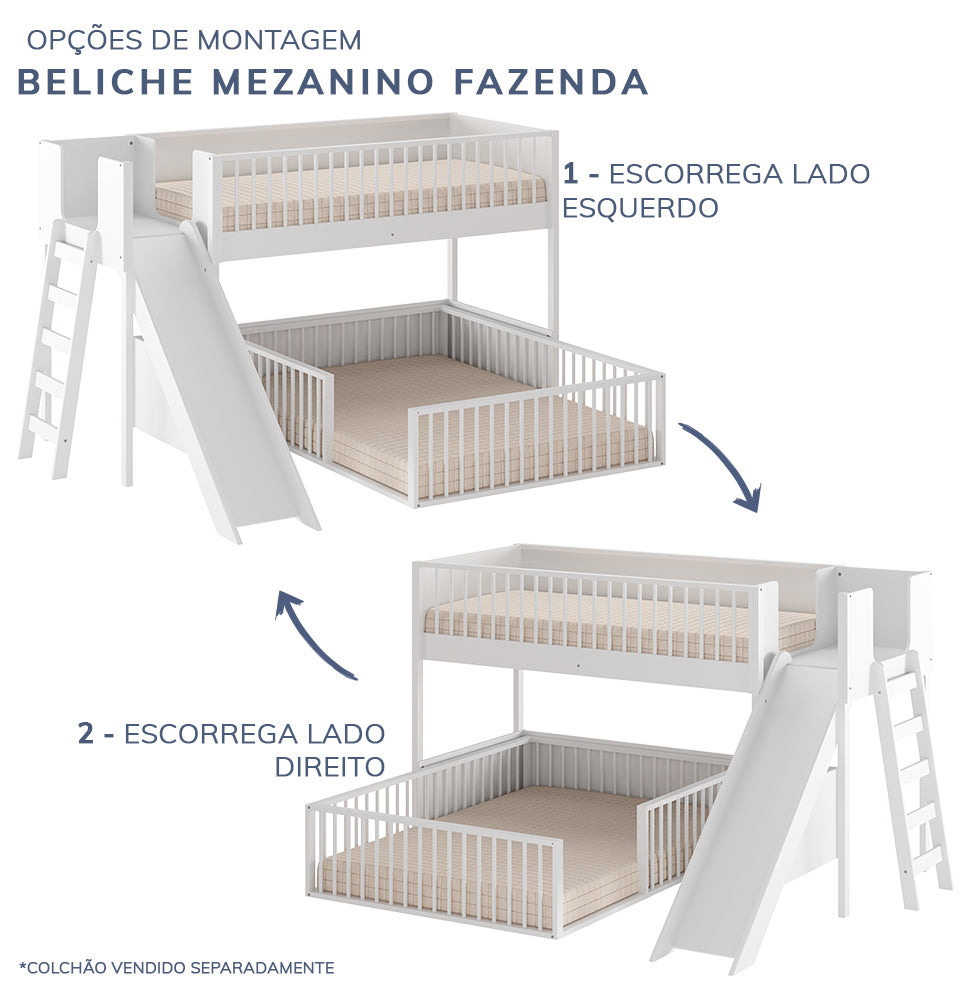 Beliche Infantil Montessoriana Com Cama de Casal E Escorregador Fazenda - Branco