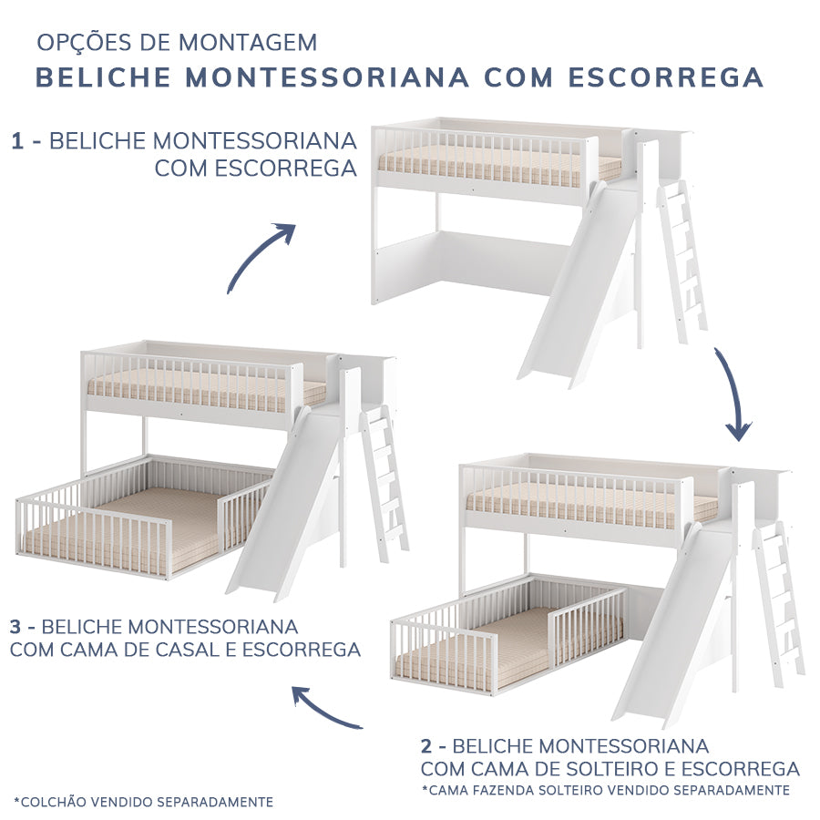 Beliche Infantil Montessoriana Com Cama de Casal E Escorregador Fazenda - Branco
