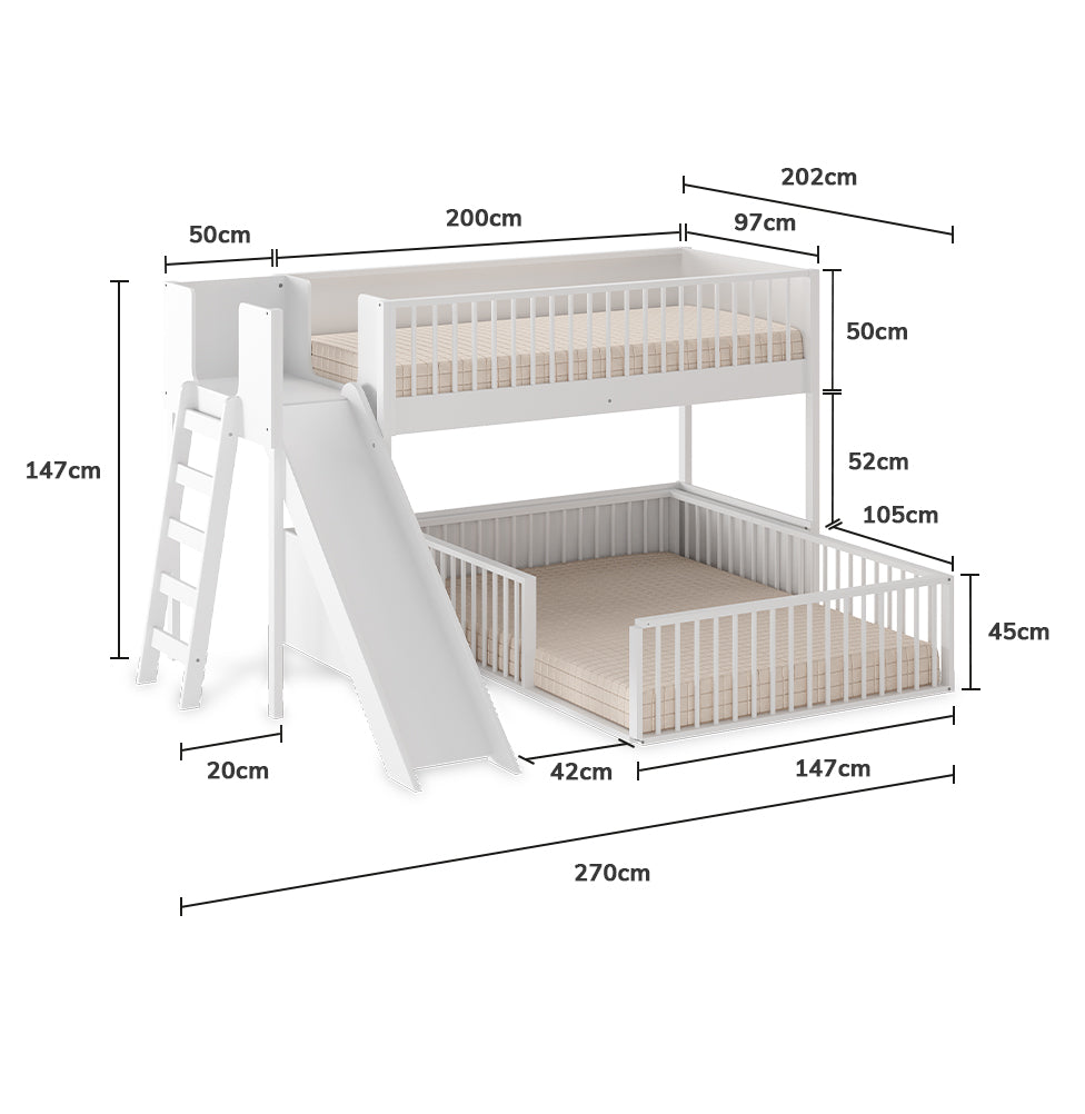 Beliche Infantil Montessoriana Com Cama de Casal E Escorregador Fazenda - Branco
