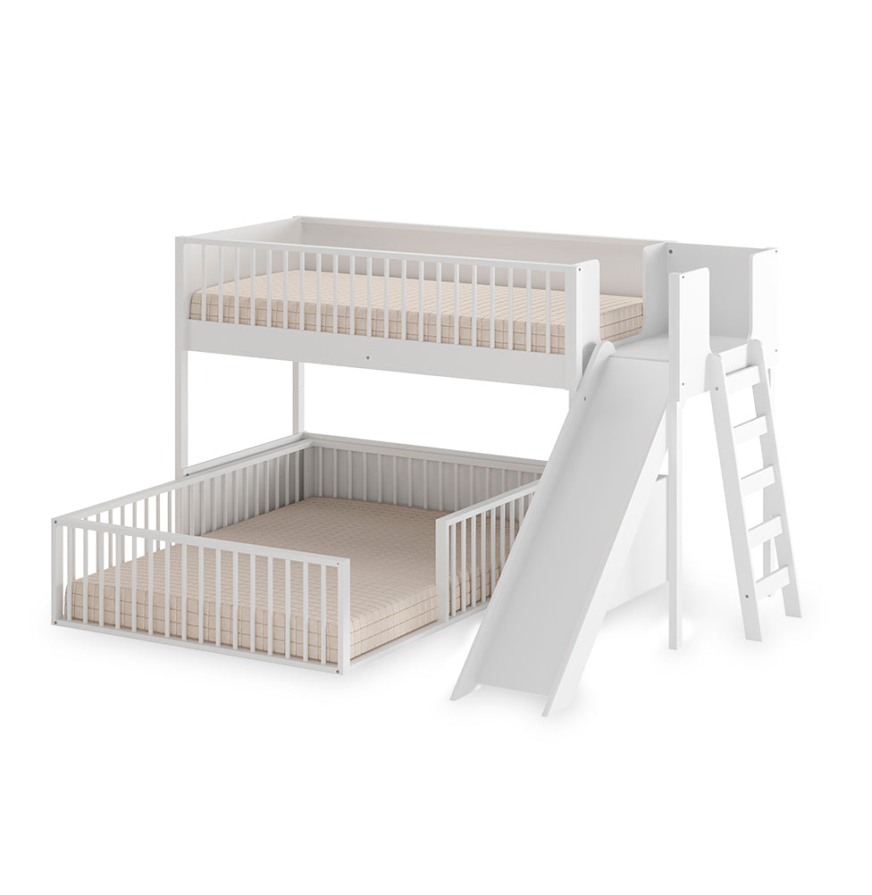 Beliche Infantil Montessoriana Com Cama de Casal E Escorregador Fazenda - Branco