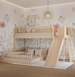 Beliche Infantil Montessoriana Com Cama de Casal E Escorregador Fazenda - Carvalho