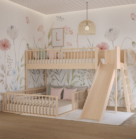 Beliche Infantil Montessoriana Com Cama de Casal E Escorregador Fazenda - Carvalho