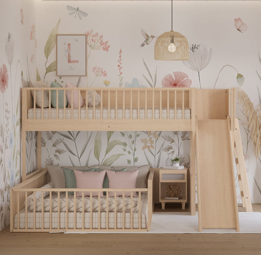 Beliche Infantil Montessoriana Com Cama de Casal E Escorregador Fazenda - Carvalho