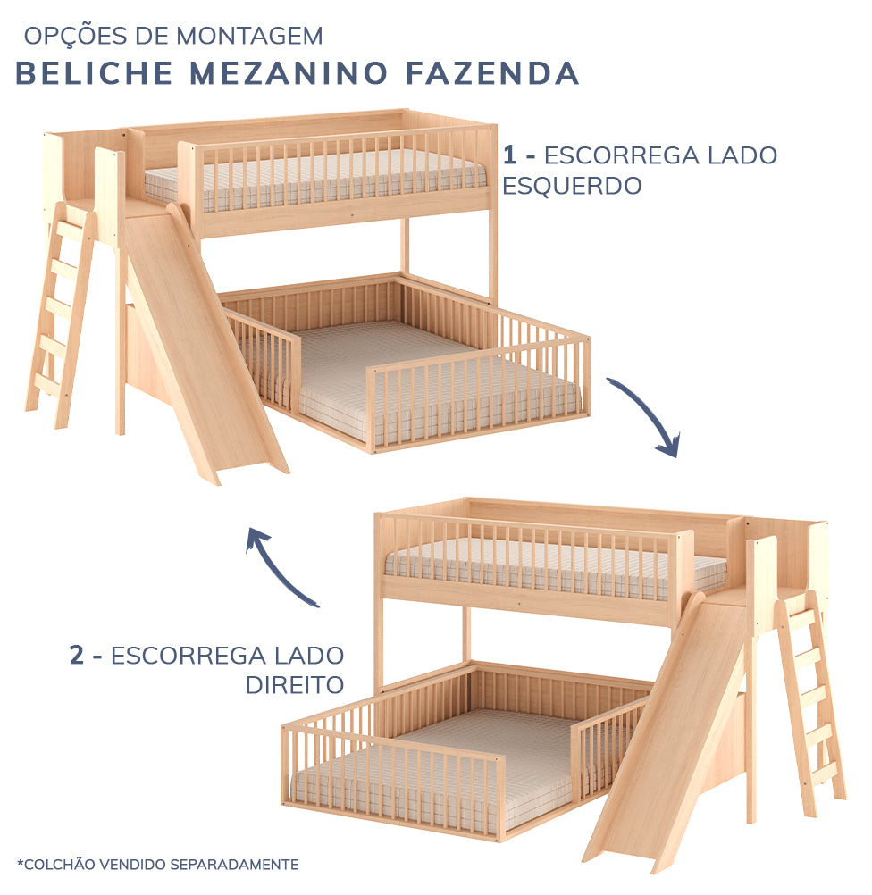 Beliche Infantil Montessoriana Com Cama de Casal E Escorregador Fazenda - Carvalho