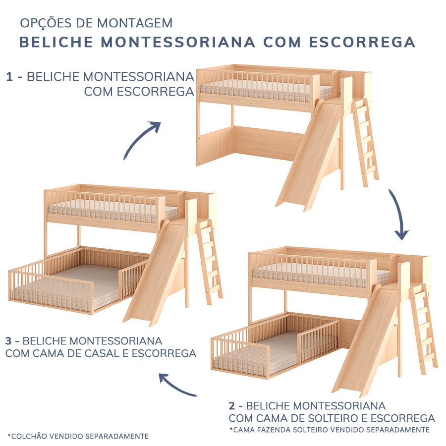 Beliche Infantil Montessoriana Com Cama de Casal E Escorregador Fazenda - Carvalho