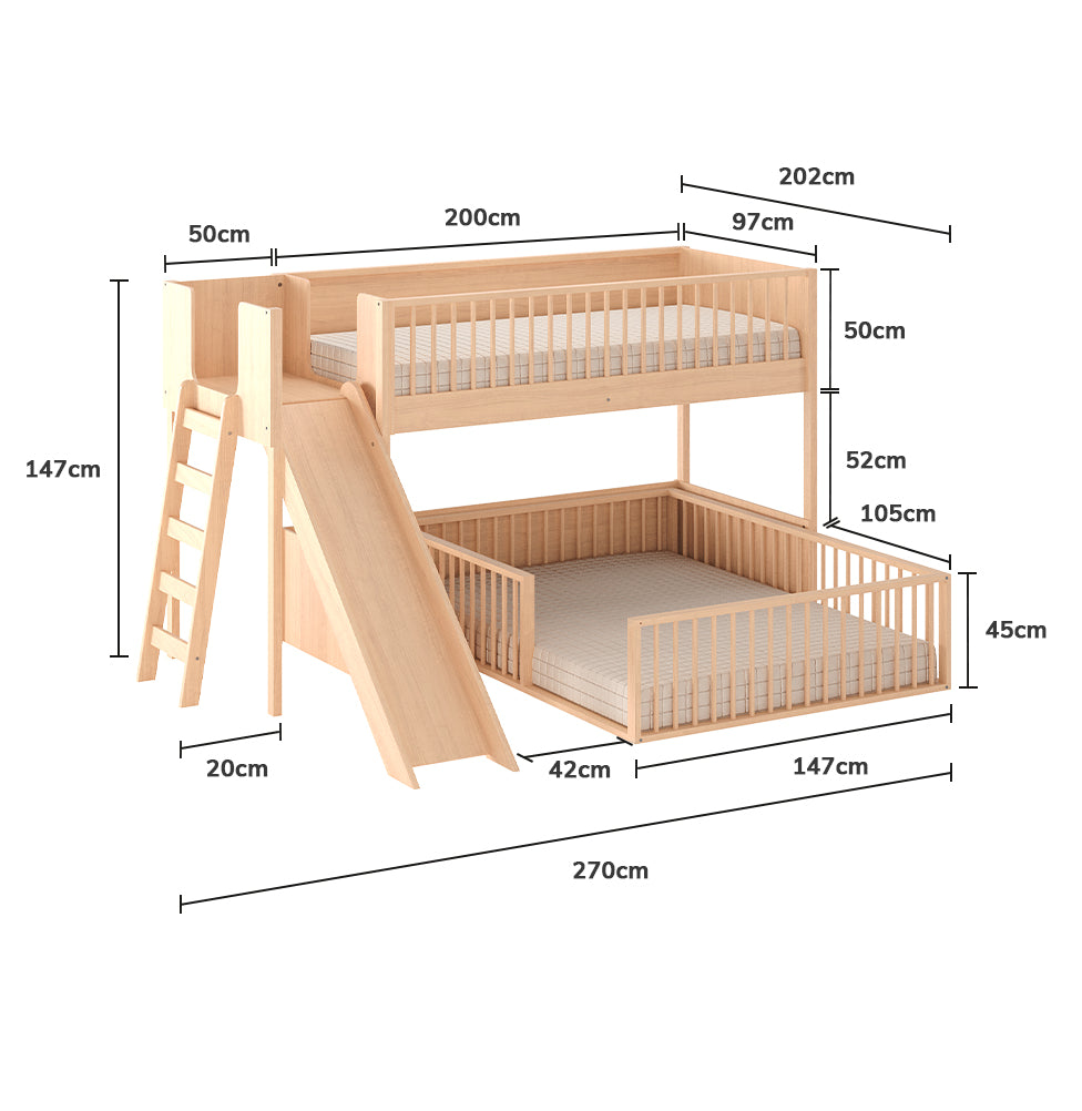 Beliche Infantil Montessoriana Com Cama de Casal E Escorregador Fazenda - Carvalho