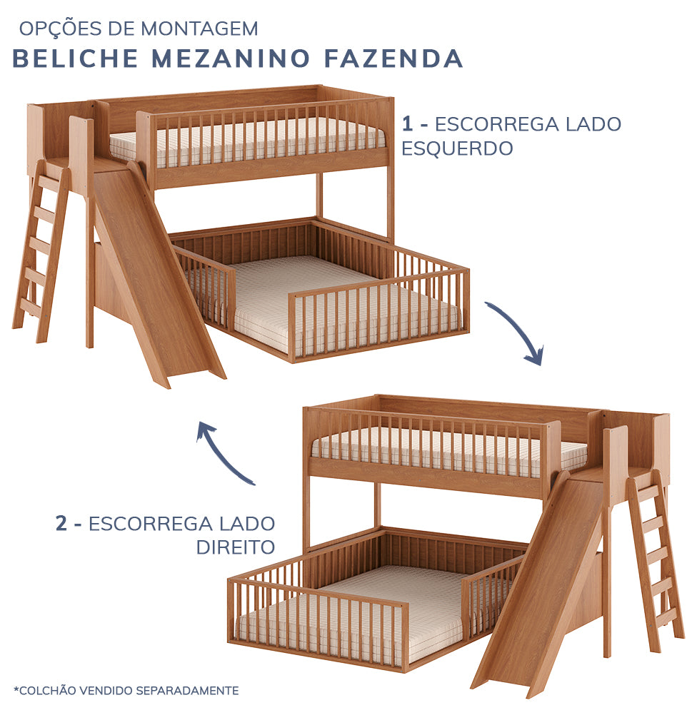 Beliche Infantil Montessoriana Com Cama de Casal E Escorregador Fazenda - Freijó