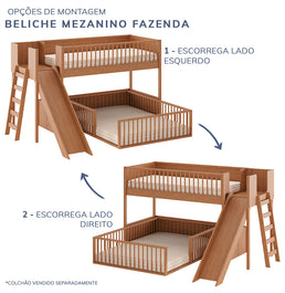 Beliche Infantil Montessoriana Com Cama de Casal E Escorregador Fazenda - Freijó