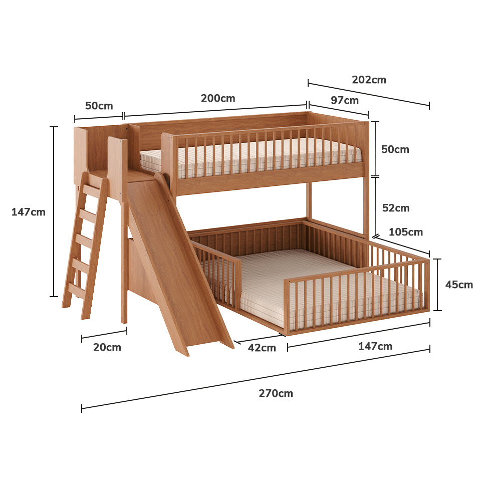 Beliche Infantil Montessoriana Com Cama de Casal E Escorregador Fazenda - Freijó