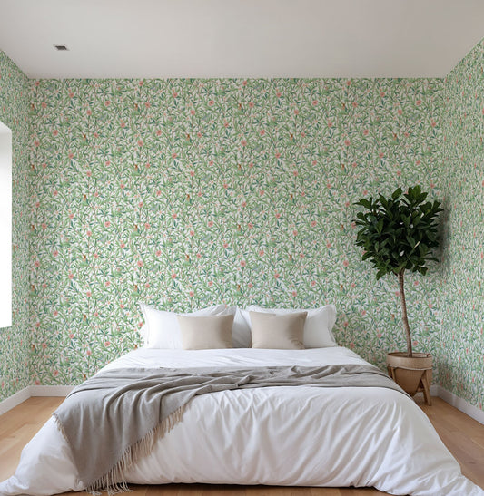 Papel de Parede Folhas Flores e Pássaros