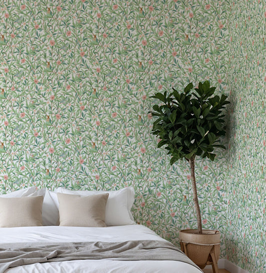 Papel de Parede Folhas Flores e Pássaros