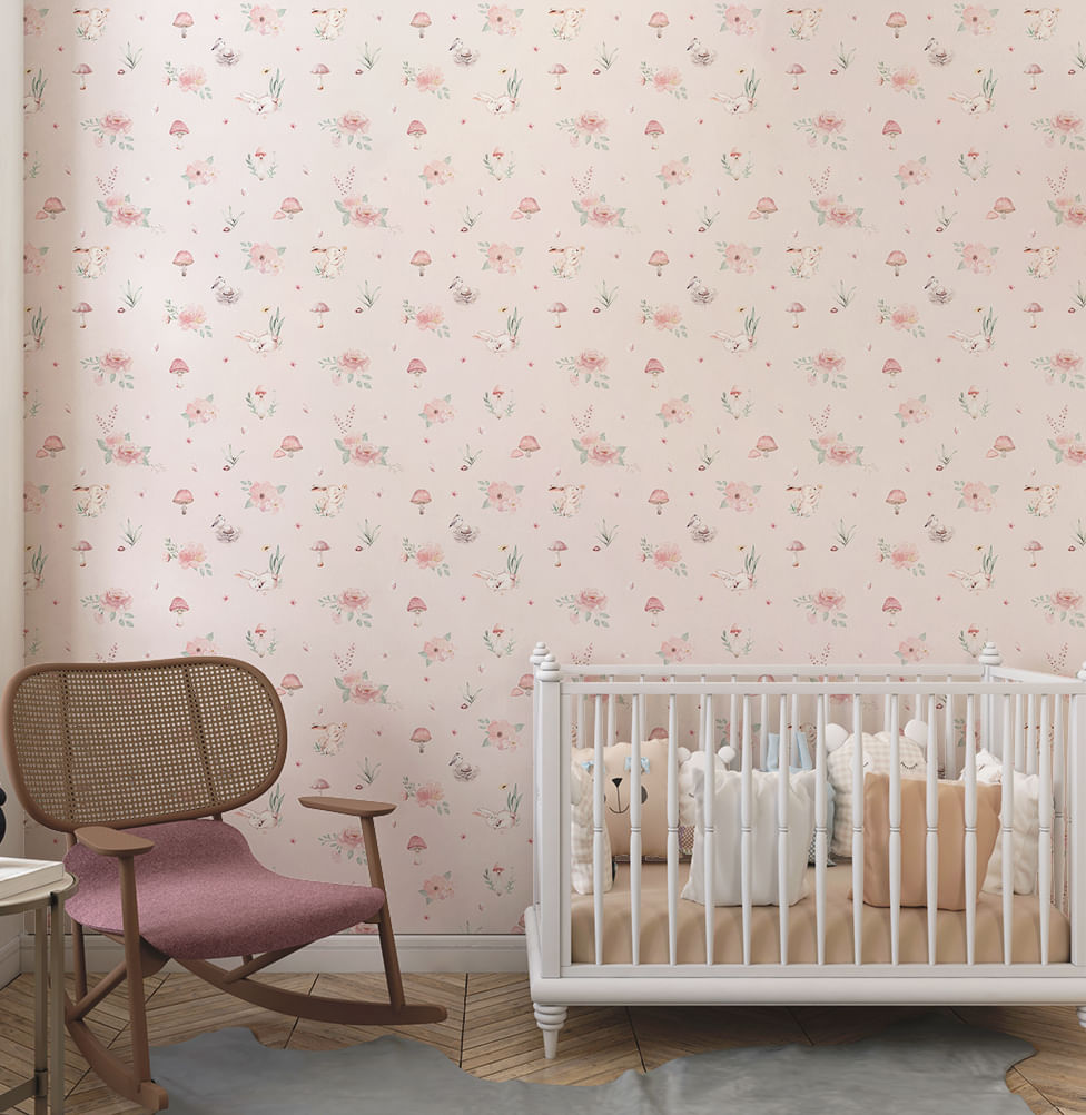 Papel de Parede Fadas e Cogumelos Rosa
