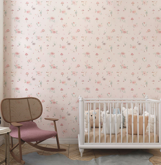 Papel de Parede Fadas e Cogumelos Rosa
