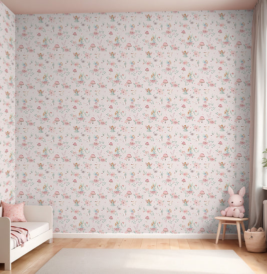 Papel de Parede Fadas e Cogumelos Rosa
