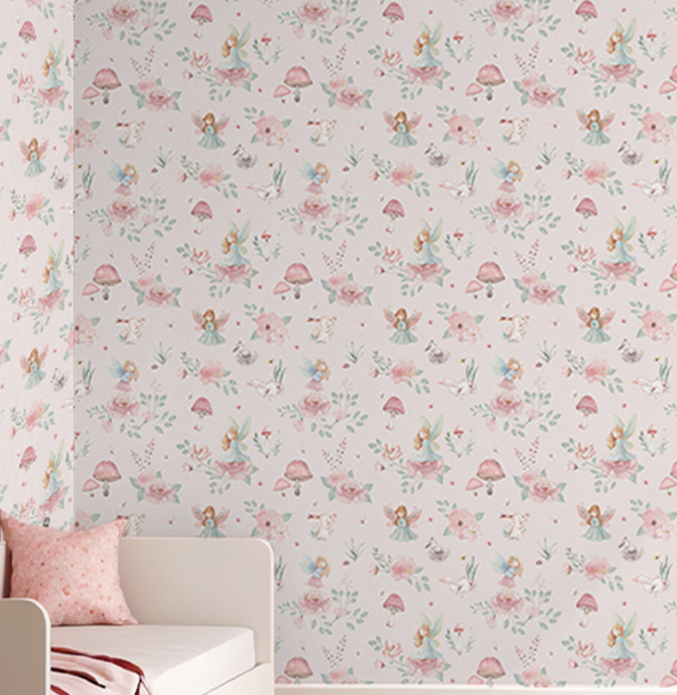 Papel de Parede Fadas e Cogumelos Rosa