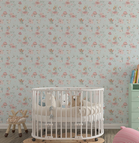 Papel de Parede Fadas e Cogumelos Azul