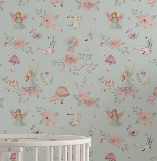 Papel de Parede Fadas e Cogumelos Azul