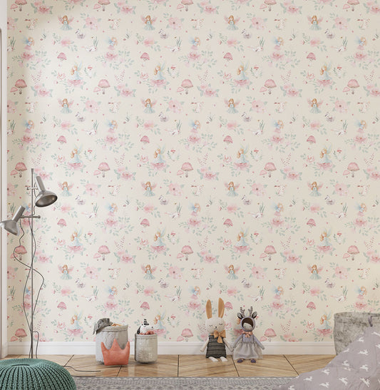 Papel de Parede Fadas e Cogumelos Bege