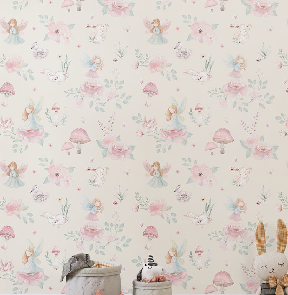 Papel de Parede Fadas e Cogumelos Bege