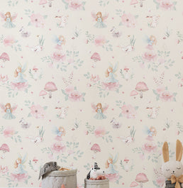 Papel de Parede Fadas e Cogumelos Bege