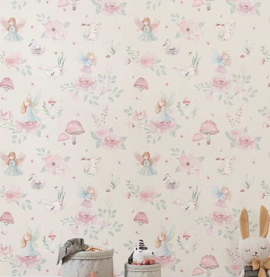 Papel de Parede Fadas e Cogumelos Bege