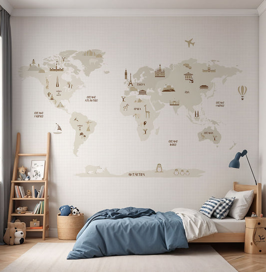 Papel de Parede Infantil Mapa Mundi com Gride Bege - Mural